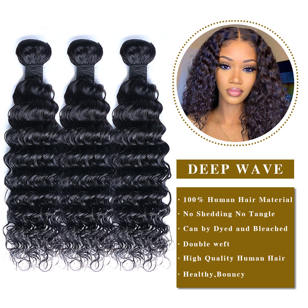 Deep Wave Remy Human Hair 3 Bundles Natural Black