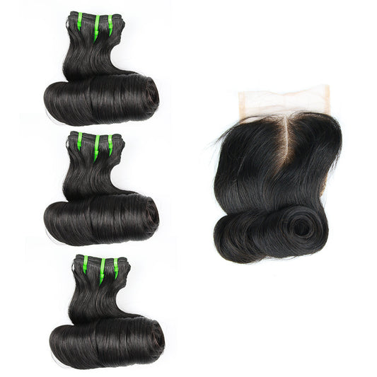 1b # Egg Curly Fumi Hair 3 Bundles avec fermeture à lacet 4x4
