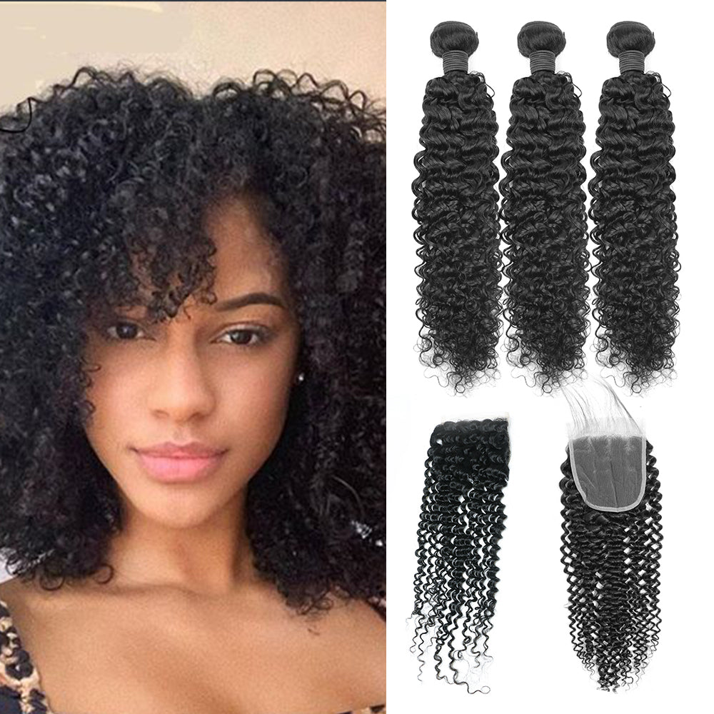 Kinky Curly Remy Human Hair 3 Bundles With 4x4 Lace Closure Natural Black