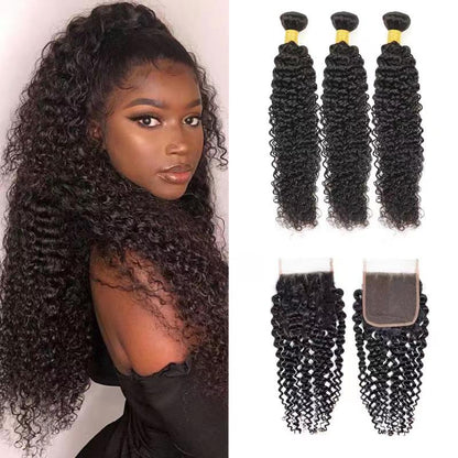 Kinky Curly 100% cheveux humains 3 faisceaux avec fermeture à lacet 4x4 noir naturel