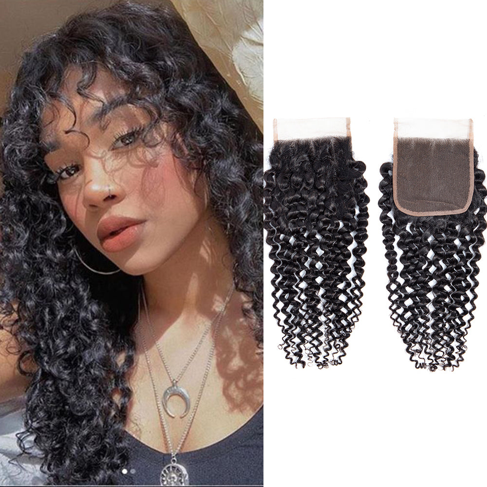 Kinky Curly Remy Human Hair 4x4 Lace Closure Natural Black
