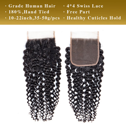 Kinky Curly 100% cheveux humains 3 faisceaux avec fermeture à lacet 4x4 noir naturel