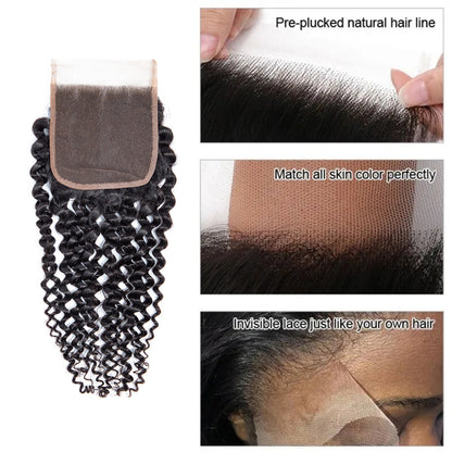 Kinky Curly Remy Human Hair 4x4 Lace Closure Naturel Noir