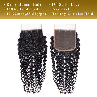 Kinky Curly Remy Human Hair 4x4 Lace Closure Naturel Noir