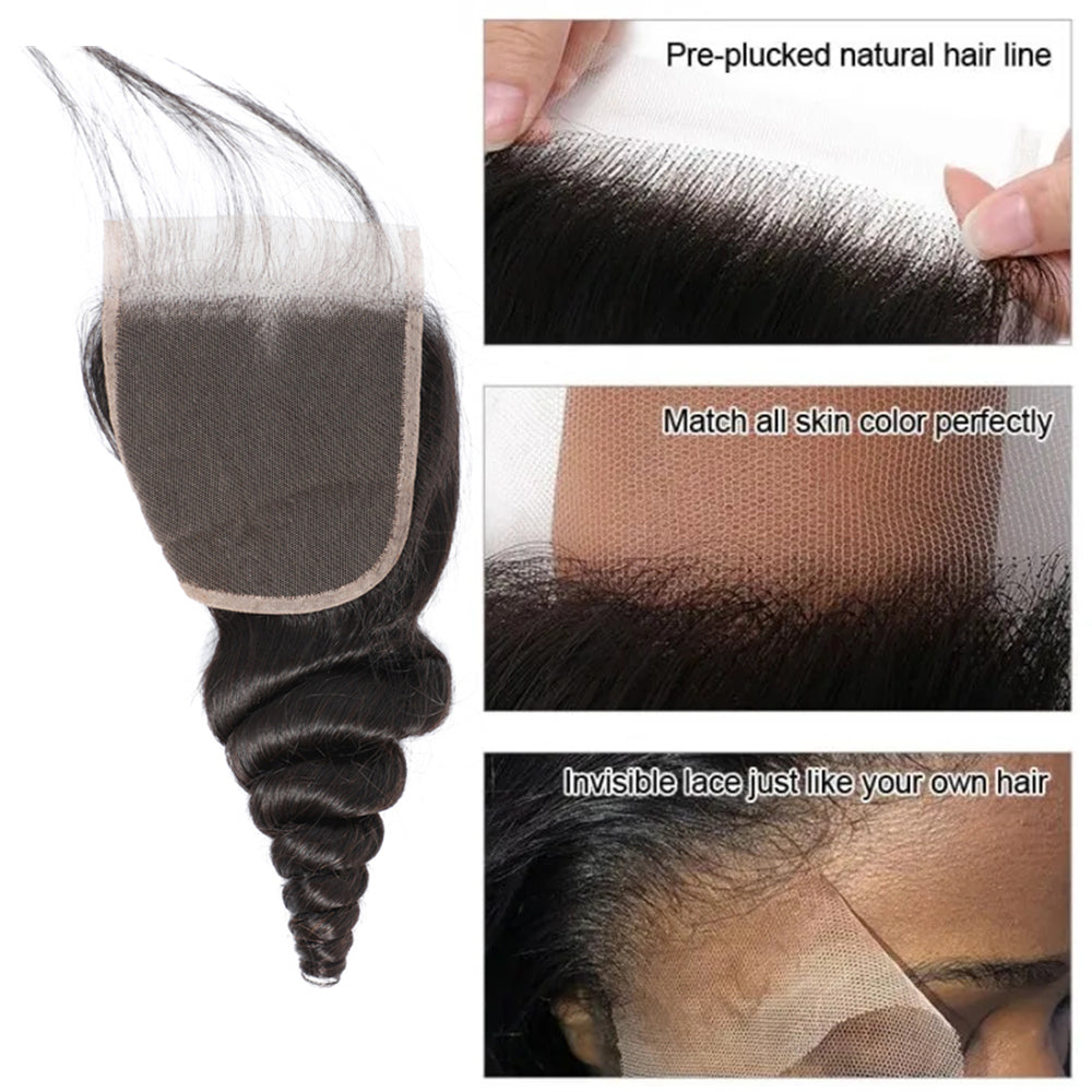 Cheveux lâches de Remy de vague 3 paquets avec le noir naturel frontal de la dentelle 13x4