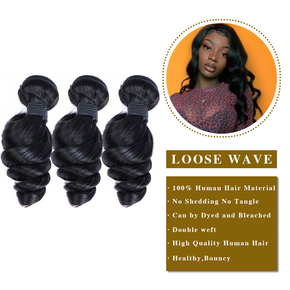 Loose Wave 100% Human Hair 3 Bundles With 4x4 Lace Closure Natural Black