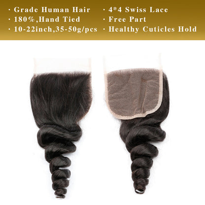 Vague lâche 100 % cheveux humains 3 faisceaux avec fermeture à lacet 4x4 noir naturel