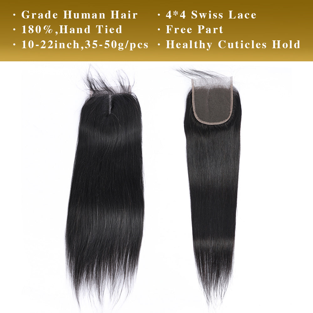 Straight 100% Human Hair 3 Bundles With 4x4 Lace Closure Natural Black