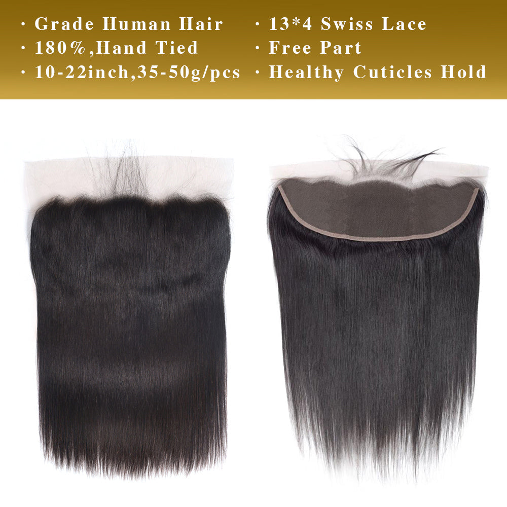 Naturel Noir Droit 4 Faisceaux Avec 13x4 Cheveux De Paquet Frontal En Dentelle (5PCS)