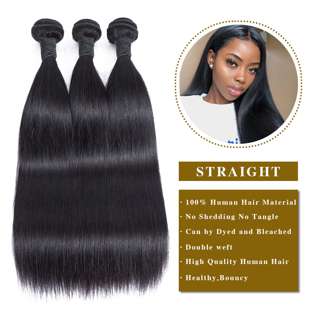 Straight Remy Human Hair 3 Bundles With 13x4 Lace Frontal Natural Black