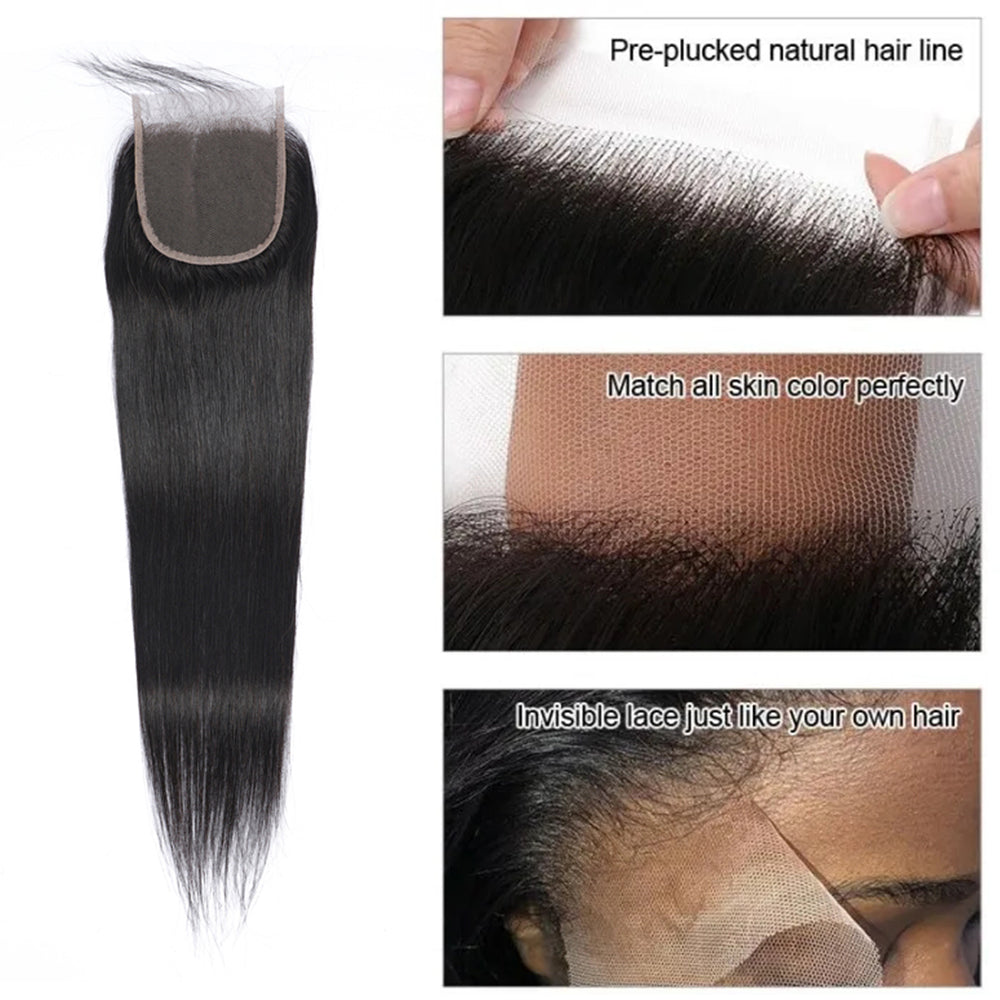Straight 100% Human Hair 3 Bundles With 4x4 Lace Closure Natural Black