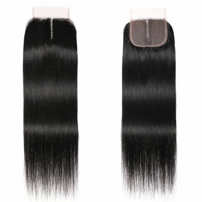 Straight 100% Human Hair 3 Bundles With 4x4 Lace Closure Natural Black
