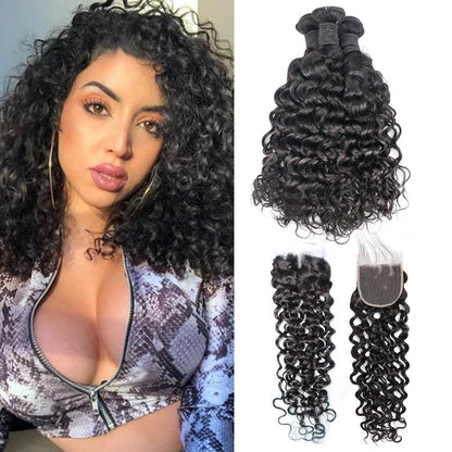 Cabelo Humano Remy Ondulado 3 Feixes Com Fecho de Renda 4x4 Preto Natural