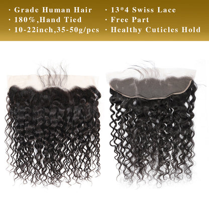 Vague d'eau 100% cheveux humains 3 paquets avec noir naturel frontal en dentelle 13x4