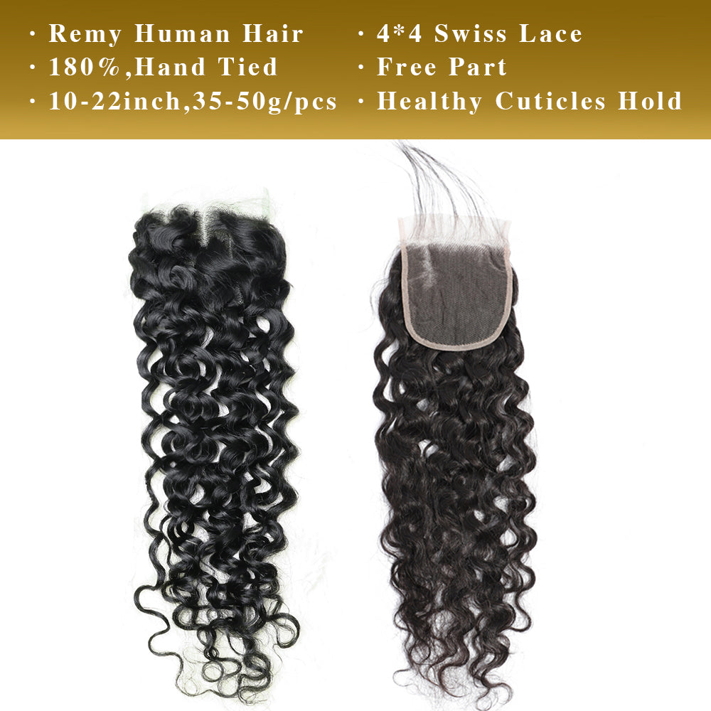 Water Wave Cheveux Humains Remy 4x4 Lace Closure Noir Naturel