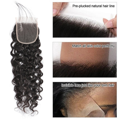 Vague d'eau 100% cheveux humains 3 paquets avec noir naturel frontal en dentelle 13x4